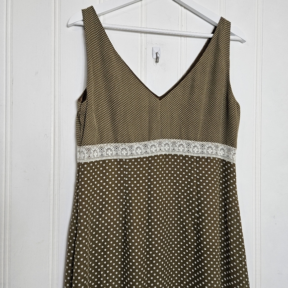 Signature by Robbie Bee Midi Dress Womens Sz 10 Brown Polka Dot Lace Trim - Picture 10 of 15
